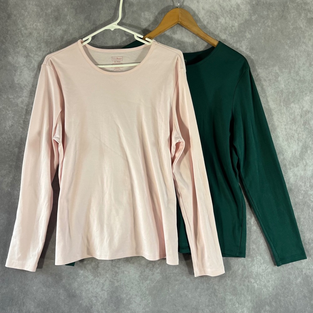 LL Bean Long Sleeve Tee Women XL Pink Green 100% Supima Cotton 2 Pack Bundle Set